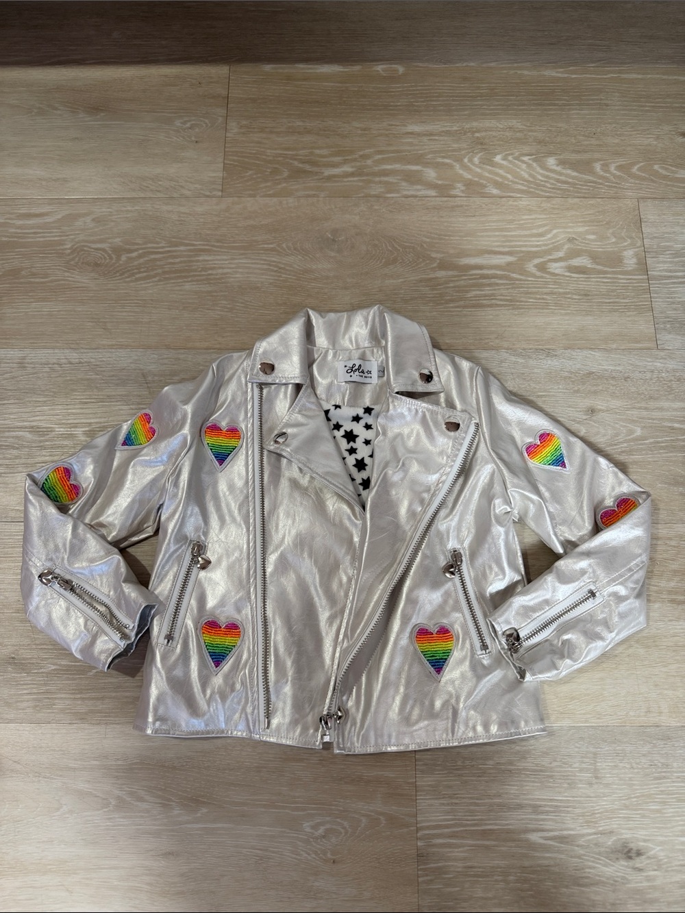 Lola + The Boys Silver Moto Jacket with Rainbow Heart Patches